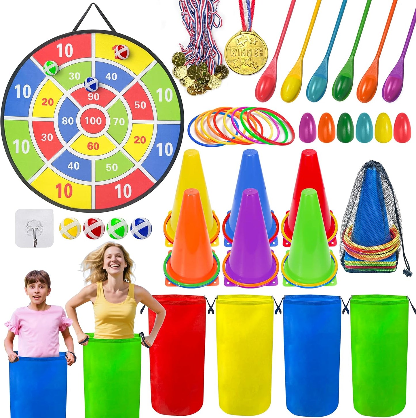 kortes Outdoor Carnival Games for Kids Adults, Lawn Yard Picnic Family Reunion Games with Potato Sack Race Bags, Ring Toss Egg, Dart Board, Cones, Spoon Race and Medal for Birthday Party Field Day