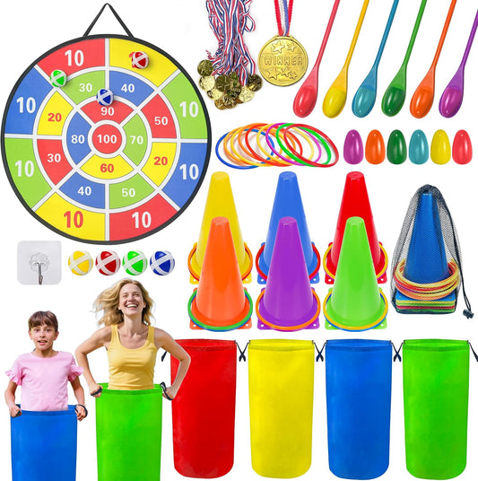 kortes Outdoor Carnival Games for Kids Adults, Lawn Yard Picnic Family Reunion Games with Potato Sack Race Bags, Ring Toss Egg, Dart Board, Cones, Spoon Race and Medal for Birthday Party Field Day