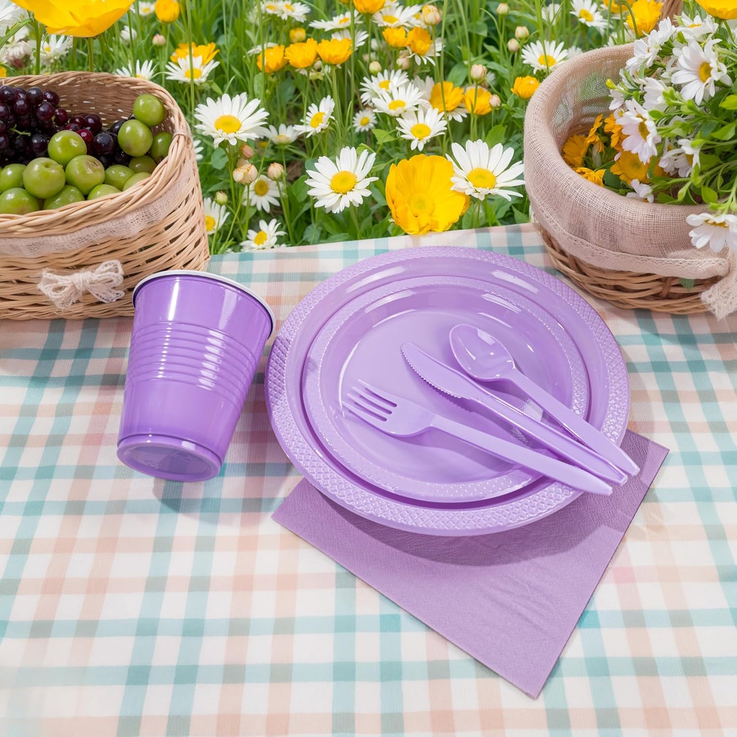 MirthMood 350PCS Lavender Plastic Plates,Lavender Disposable Plates Set – Plastic Plates Set Includes 50 Dinner,50 Dessert Plate,50 Cup&50 Napkins, 50 Lavende Silverware for Wedding & Birthday Parties