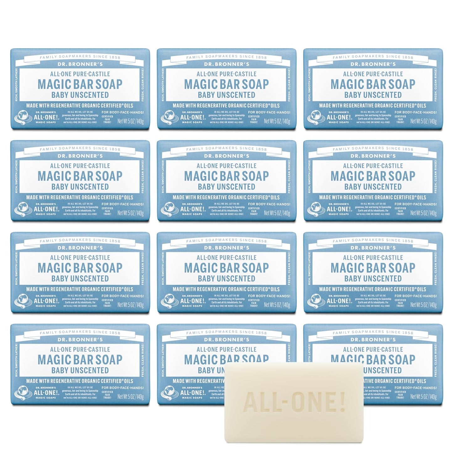 Dr. Bronner's Pure-Castile Magic Bar Soap (Baby Unscented, 5 Ounce, 12-Pack) - Made with Regenerative Organic Certified Oils, Gentle for Sensitive Skin & Babies, Non-GMO, Vegan