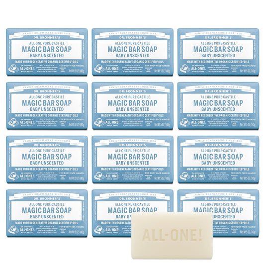 Dr. Bronner's Pure-Castile Magic Bar Soap (Baby Unscented, 5 Ounce, 12-Pack) - Made with Regenerative Organic Certified Oils, Gentle for Sensitive Skin & Babies, Non-GMO, Vegan