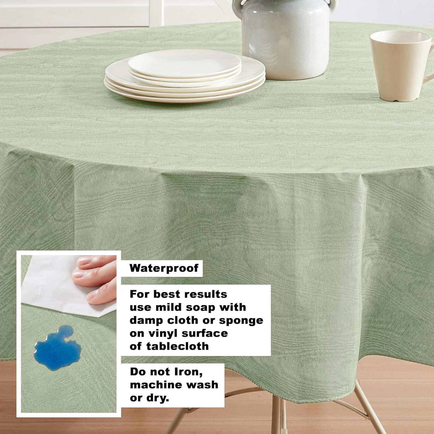 Newbridge Vinyl Flannel Backed Tablecloth, 70 inch Round, Sage Green Moire Wavy Solid Design, Heavyweight Indoor Outdoor Waterproof Table Cover, Easy Care Wipe Clean