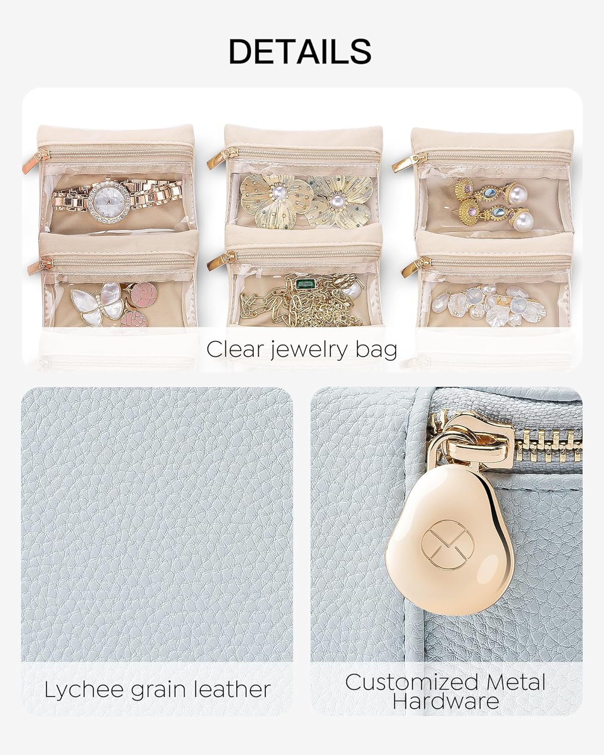 Vlando Travel Jewelry Case,Travel Jewelry Organize with 6 Velvet Jewelry Zipper Pockets,Premium Petal Hardware Jewelry Case for Birthday Wedding Graduation Gifts-Baby Blue