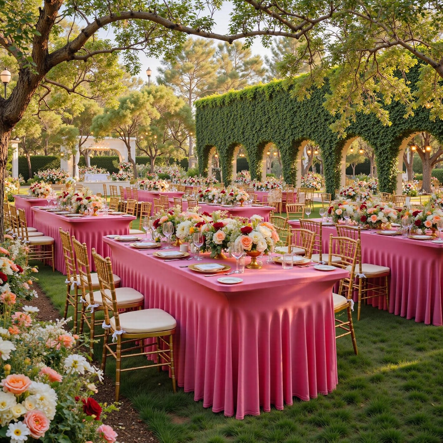 NSSONBEN 4 pk Hot Pink Spandex Tablecloth for 6 Foot Rectangle Tables, Wrinkle Free Fitted Spandex Table Covers 6ft Stretch Table Cloths with Ruffle Skirt for Parties Weddings Banquet Baby Shower