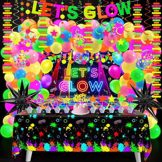Neon Birthday Party Decoration Glow in The Dark Party Supplies Let's Glow Backdrop Banner Neon Fluorescent Balloons Garland Arch Kit Star Hanging Swirl Black Light Reactive Glow Tape Neon Streamer