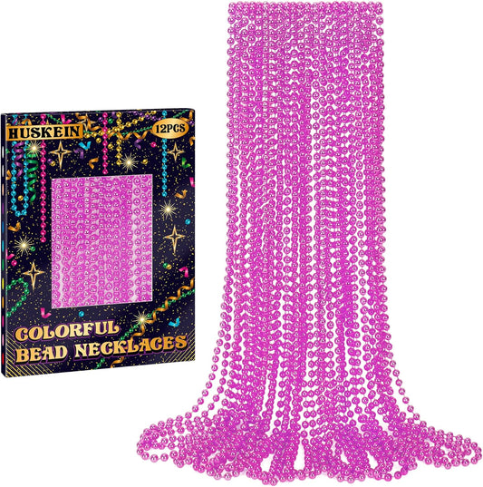 12 PCS Pink Beads Necklaces, 33" Mardi Gras Beads Party Favors, Festival Parade Throws Stuff, Round Beaded Necklaces Party Favors for Breast Cancer Awareness Accessories Gender Reveal