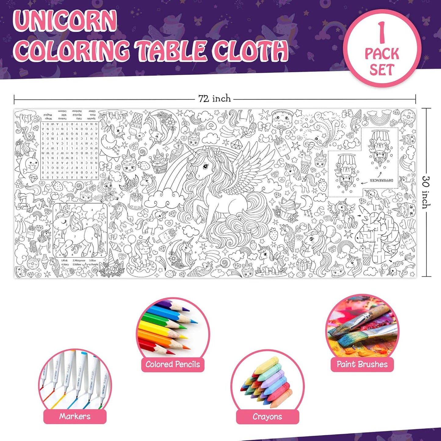 Unicorn Coloring Tablecloth for Kids, Magical 30x72 Inch Poster with Unicorns, Rainbows, Perfect for Girls Birthday Party Games, Fantasy Decorations, Classroom Activities, Event Supplies