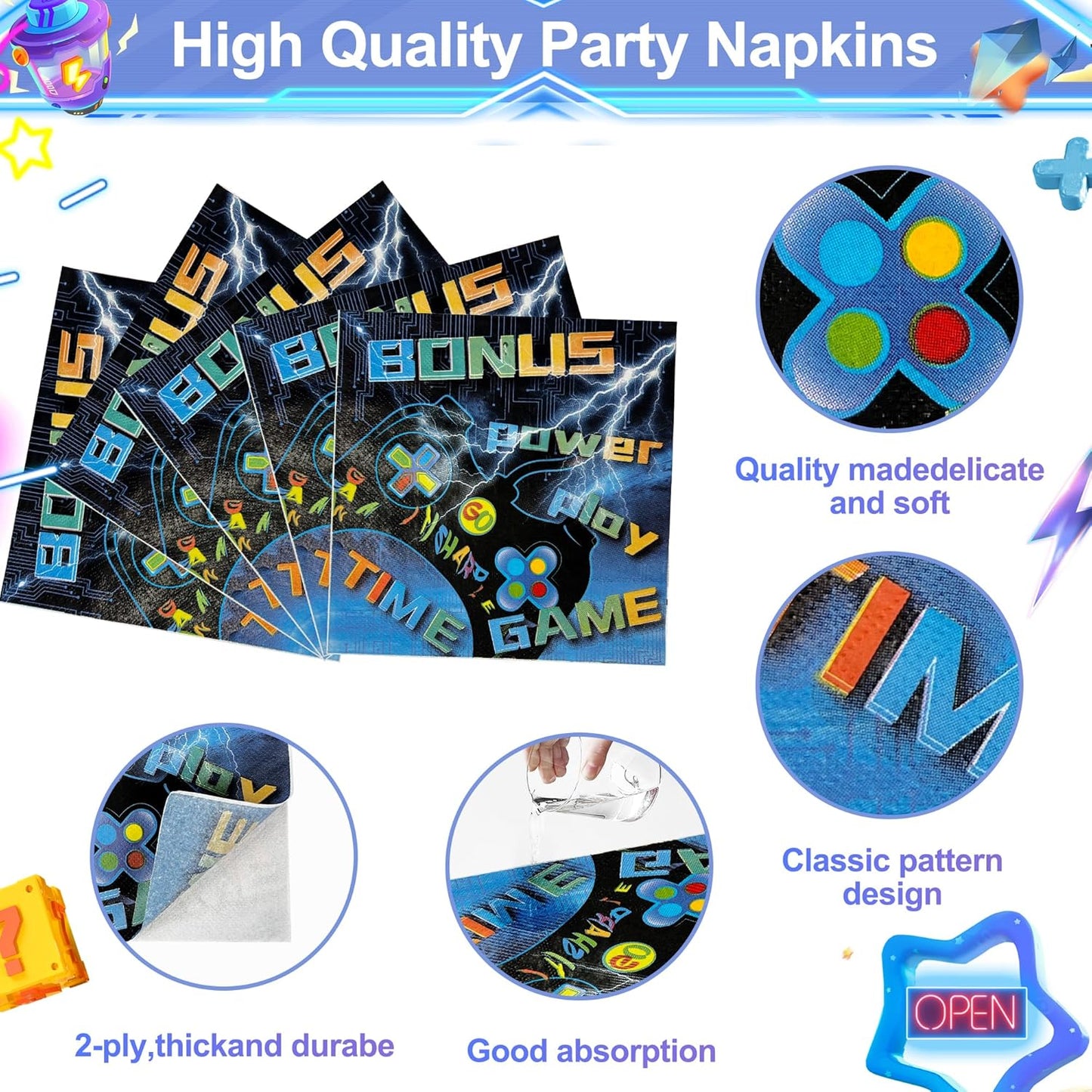 Video Game Party Supplies 120 Pcs Set - Plates, Napkins, Forks, Perfect for Boys Birthday, Baby Shower, Serves 30