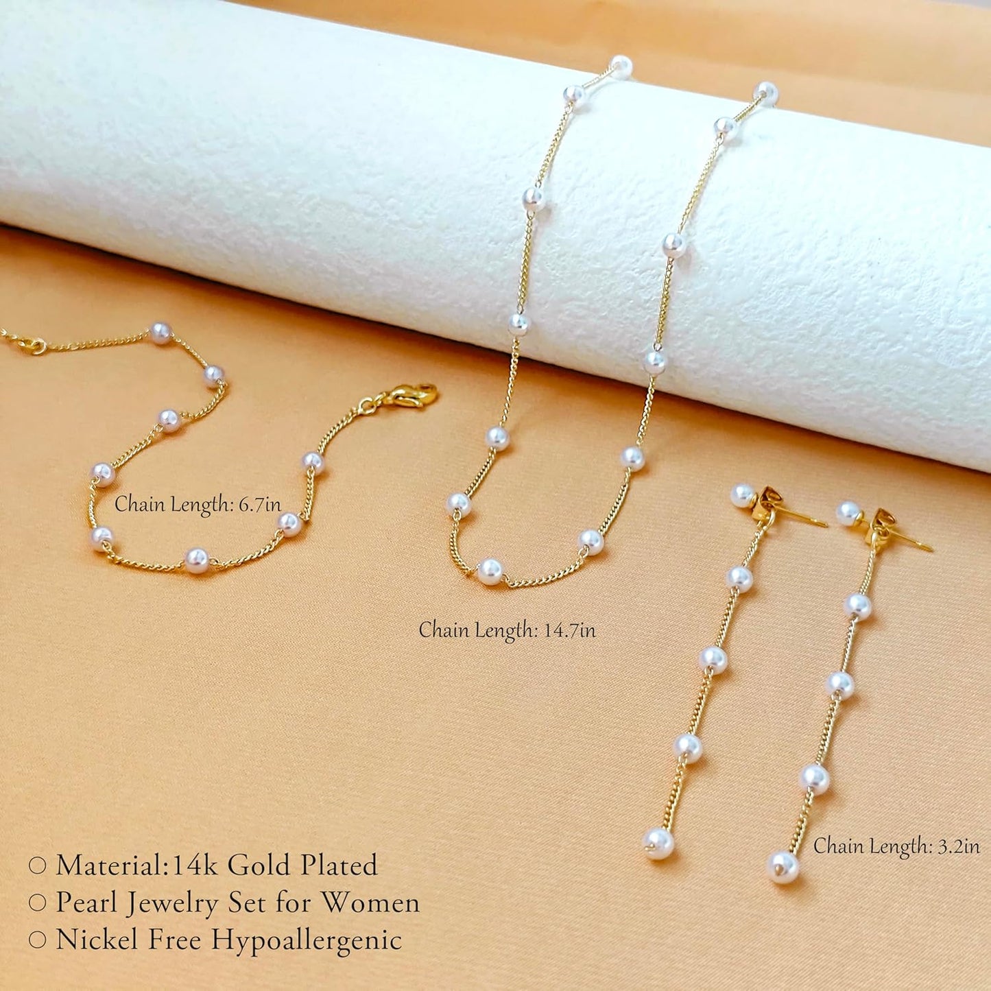 Gold Jewelry Set for Women - Dainty 14K Gold Plated Pearl Necklace and Earring Set with Drop Earrings, Bracelets, Choker Necklace - Wedding Jewelry Gift