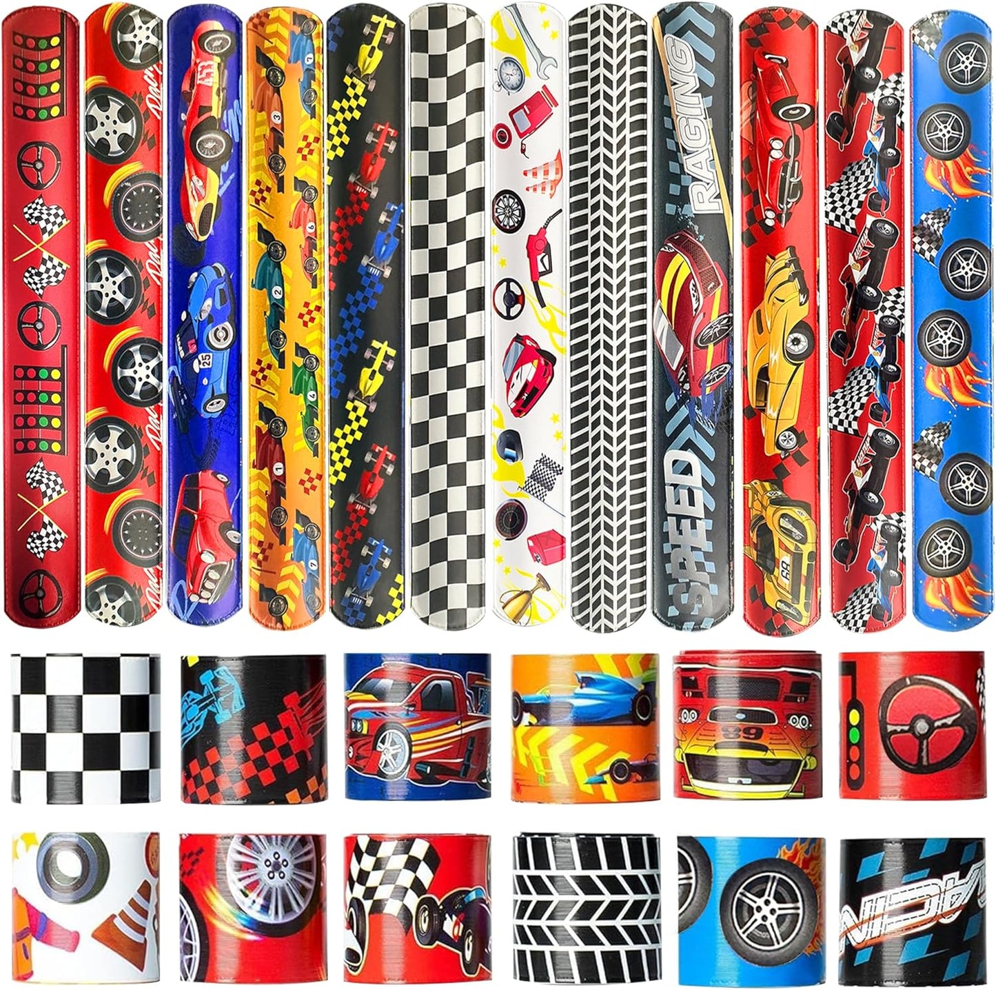 24 Pcs Race Car Party Decorations Favors Racing Bracelet Racing Wristbands Bracelet Checkered Slap Bracelets Dirt Bike Task Game Decorations Car Birthday Party Supplies