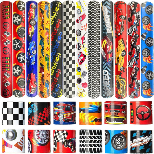 24 Pcs Race Car Party Decorations Favors Racing Bracelet Racing Wristbands Bracelet Checkered Slap Bracelets Dirt Bike Task Game Decorations Car Birthday Party Supplies