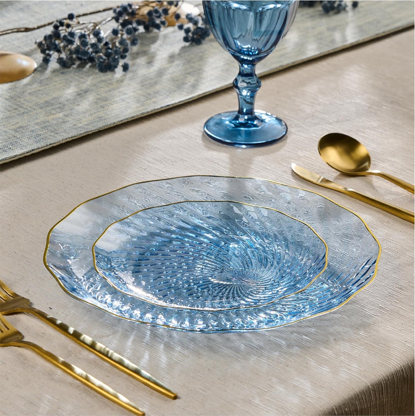 PLASTICPRO 60 Pack Plastic Plates Set of 30-10 inch Plates and 30-7 inch Plate, Elegant Clear Blue Spiral and Gold Rim Disposable Fancy Plate Premium Heavyweight