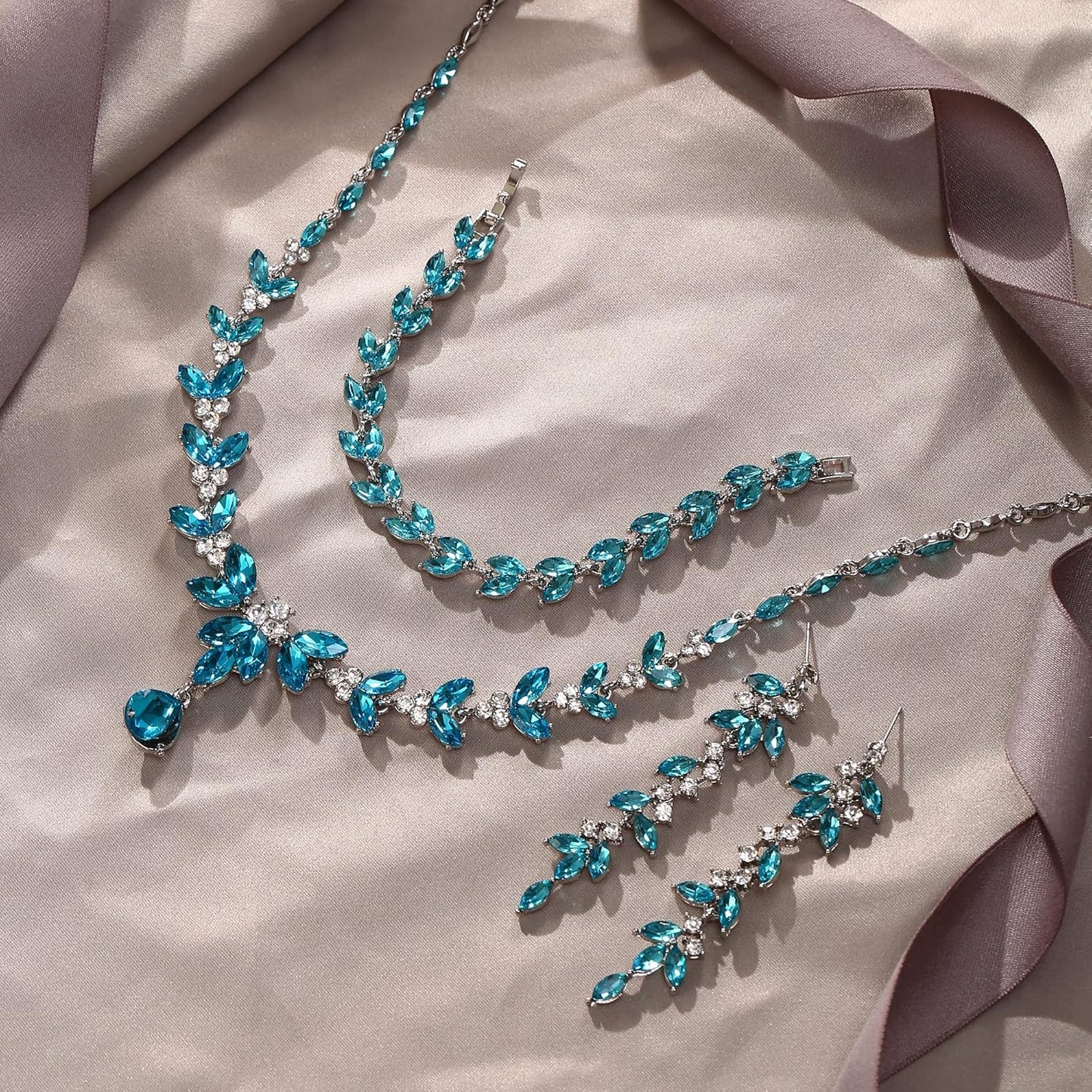 EVER FAITH Austrian Crystal Bridal Bridesmaid Jewelry Sets, Elegant Marquise Rhinestone Leaf Necklace Dangle Earrings Tennis Bracelet Set for Women