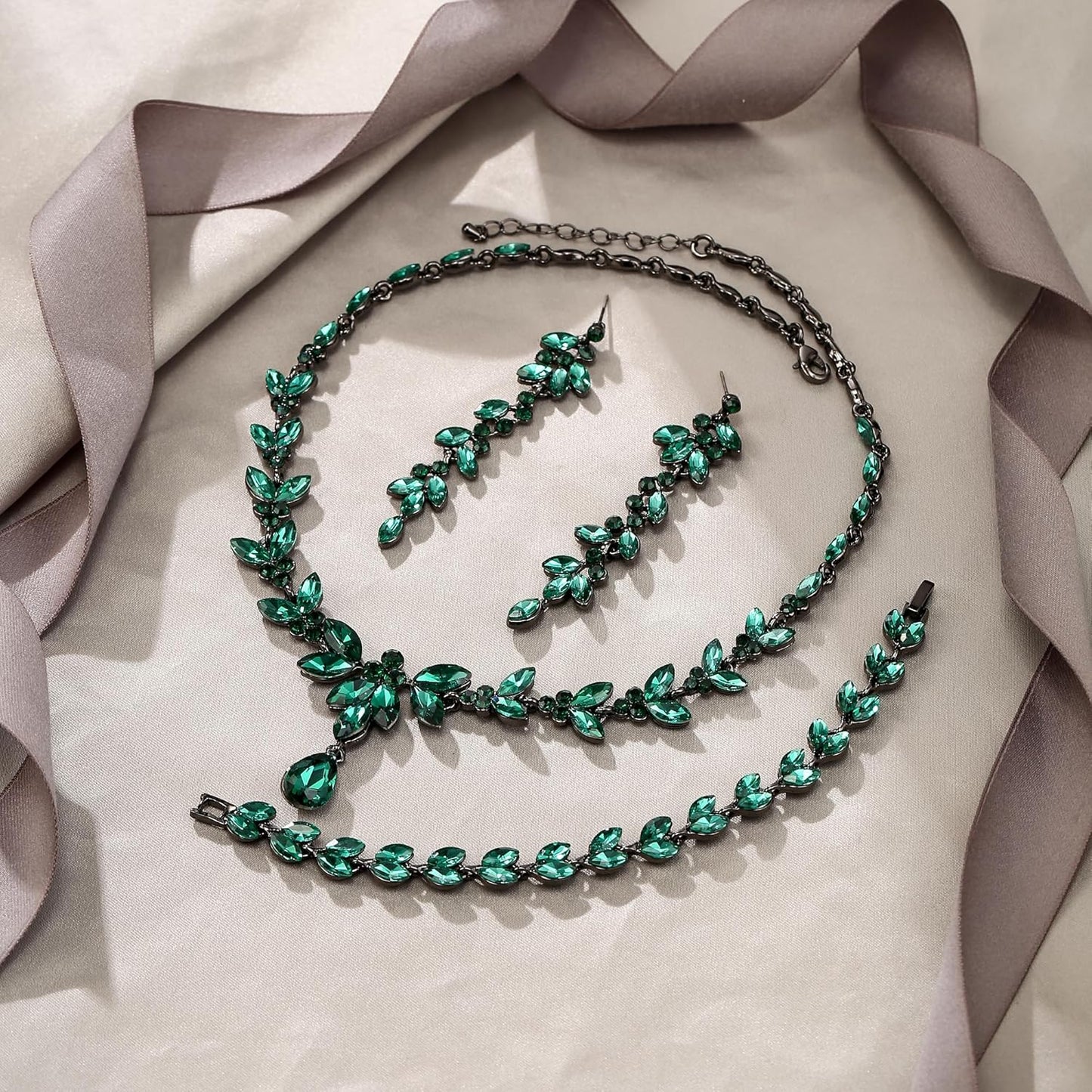 EVER FAITH Austrian Crystal Bridal Bridesmaid Jewelry Sets, Elegant Marquise Rhinestone Leaf Necklace Dangle Earrings Tennis Bracelet Set for Women