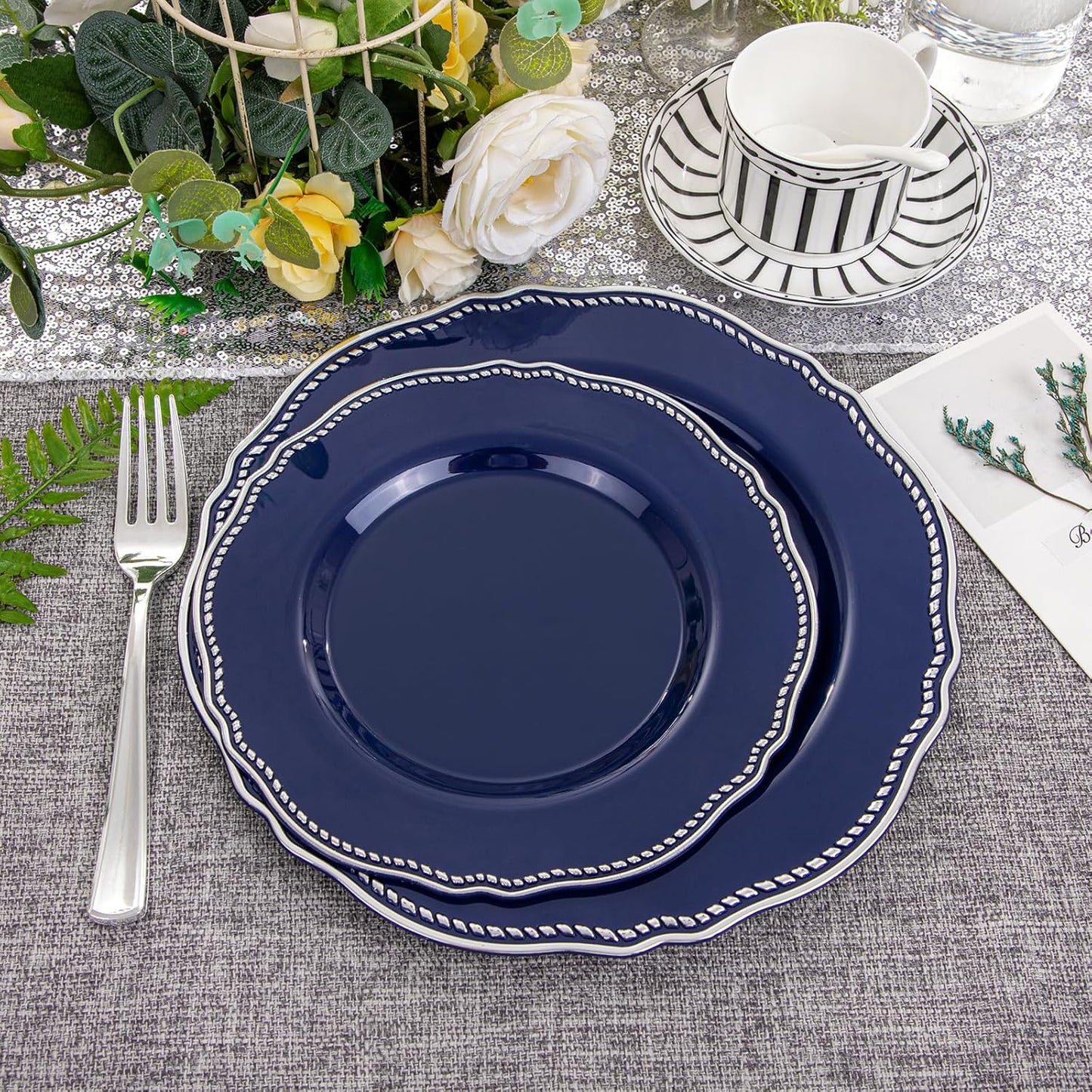 Hioasis 60pcs Blue Plastic Plates - Blue and Silver Disposable Dinnerware with Gold Rim, Heavy-duty, 7.5 inch, Dessert Plates for Party & Wedding
