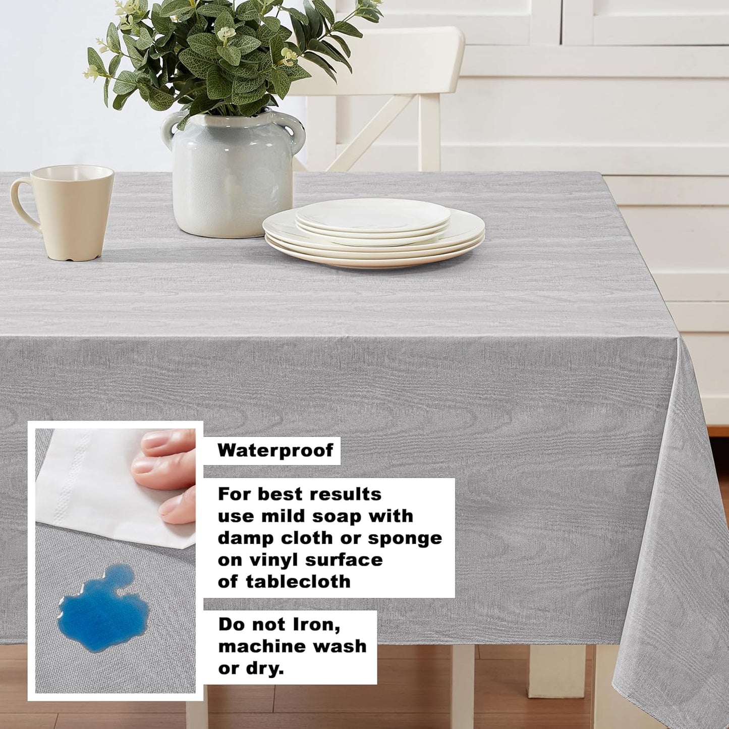 Newbridge Vinyl Flannel Backed Tablecloth, 60 x 102 Inch Rectangle, Grey Moire Wavy Solid Design, Heavyweight Indoor Outdoor Waterproof Table Cover, Easy Care Wipe Clean