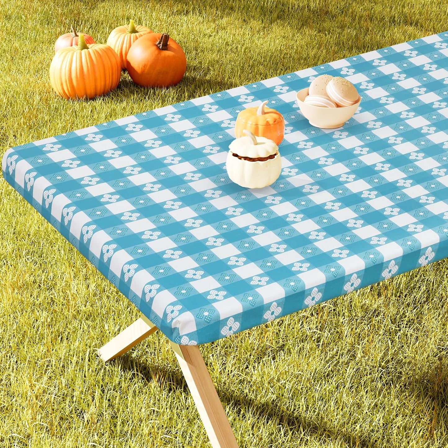 Rectangle Vinyl Table Cloth, Waterproof Elastic Fitted Tablecloth with Flannel Backing, Plastic Table Cover for Picnic, Camping, Outdoor (White & Aqua, 30"x72")
