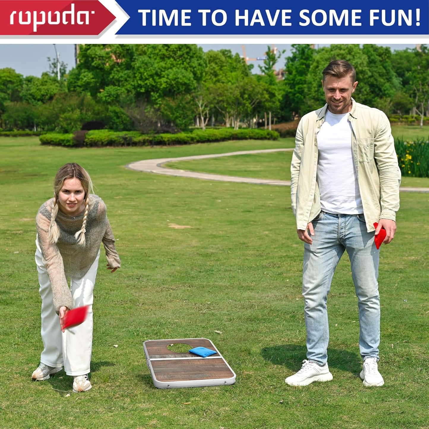 ROPODA Portable Cornhole Board Set,24 x 16 in Corn Hole Games for Adults with 8 Bean Bags, Lightweight Aluminum Alloy Edging Cornhole Set for Outdoor Games，Beach and Tailgates.