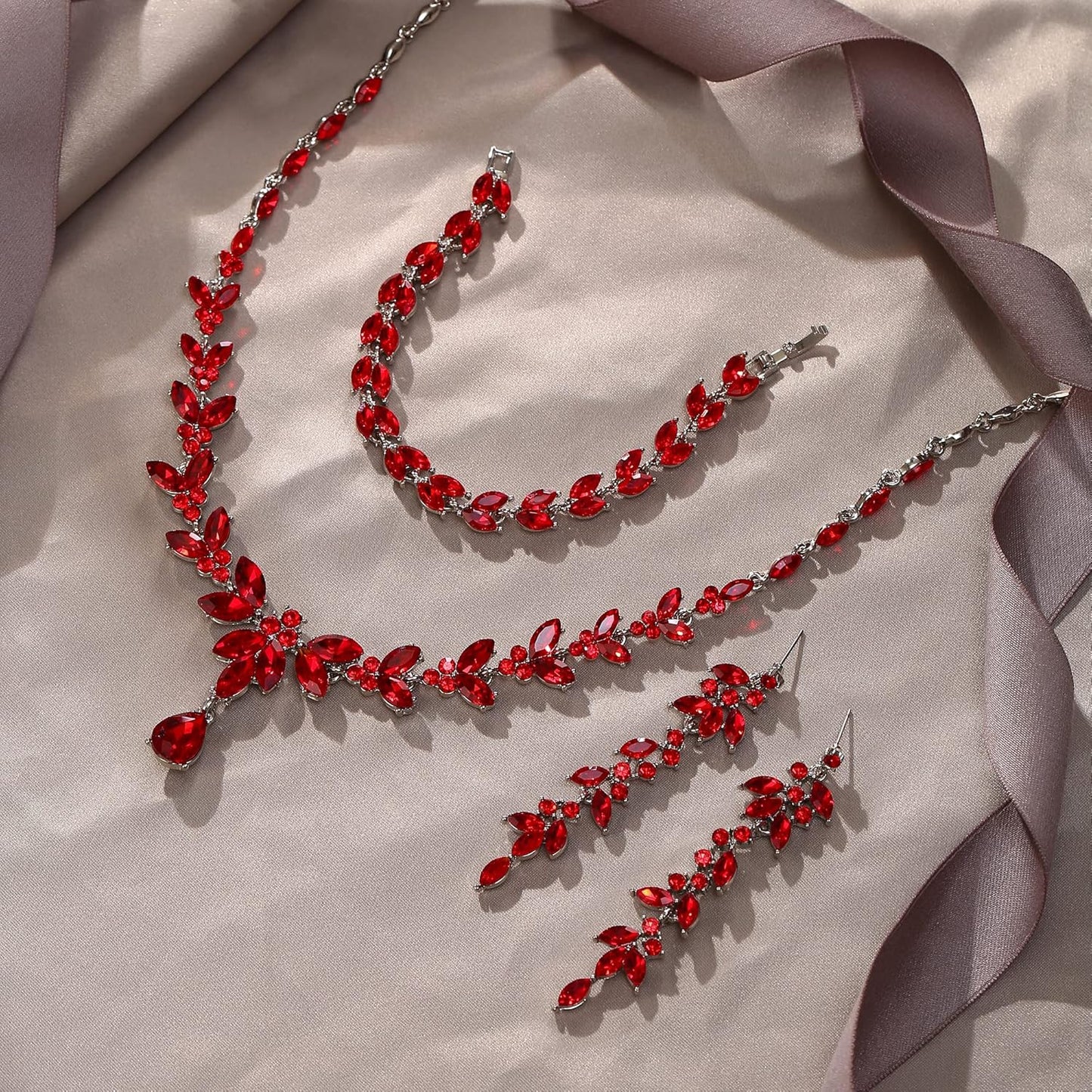 EVER FAITH Austrian Crystal Bridal Bridesmaid Jewelry Sets, Elegant Marquise Rhinestone Leaf Necklace Dangle Earrings Tennis Bracelet Set for Women