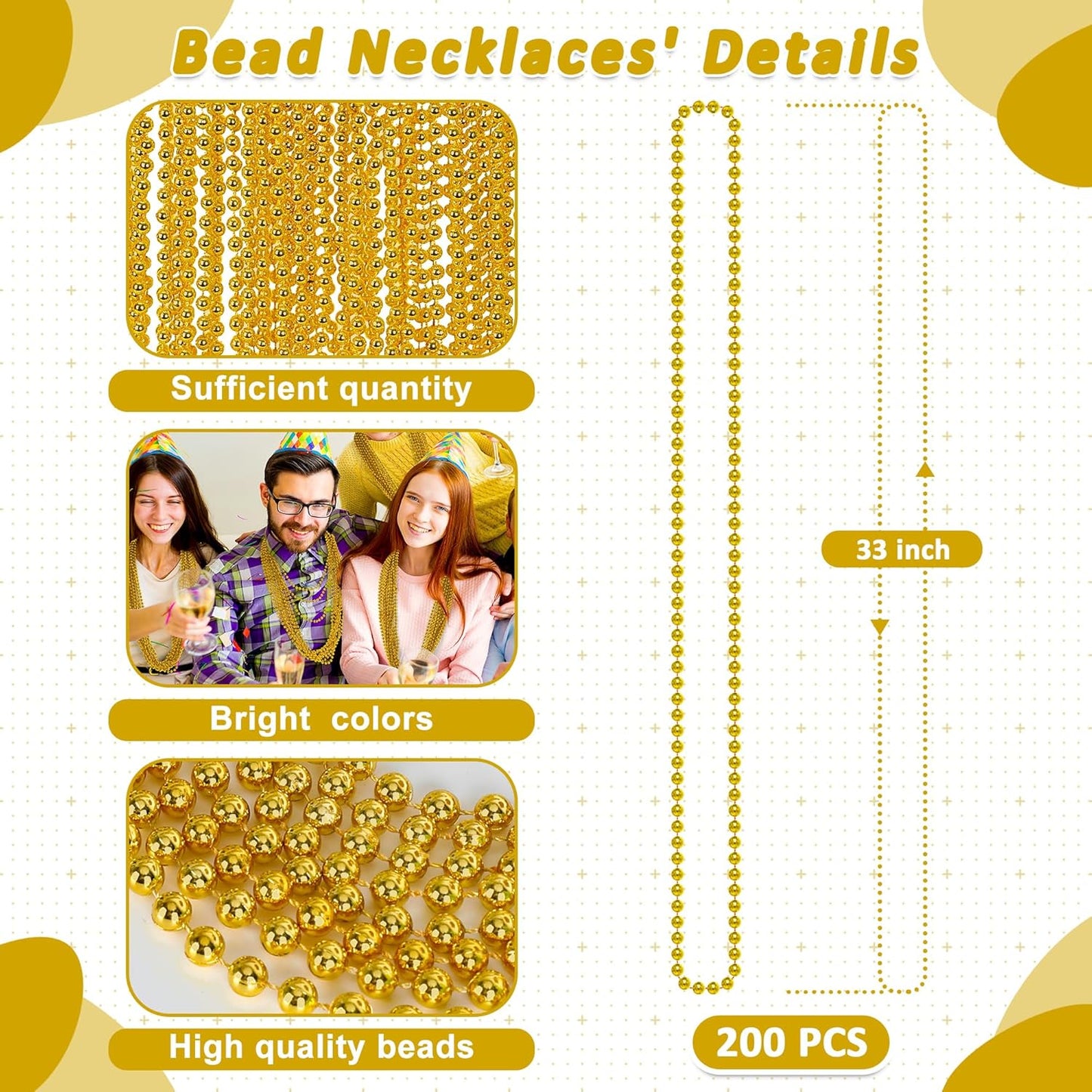 200PCS Bead Necklace, Mardi Gras Beads, 33 IN Gold Beads Party Accessories, Mardi Gras Decorations Parade Throws Bulk Costume Party Pirate Christmas Party Favors Supplies