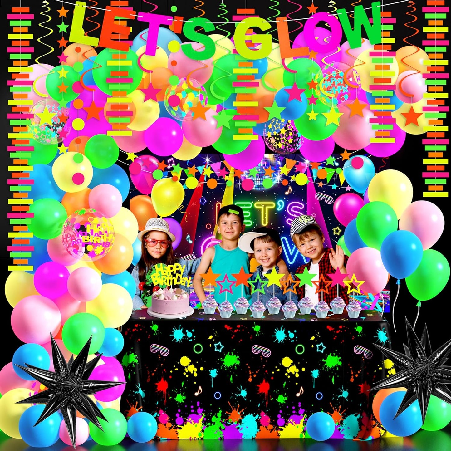 Neon Birthday Party Decoration Glow in The Dark Party Supplies Let's Glow Backdrop Banner Neon Fluorescent Balloons Garland Arch Kit Star Hanging Swirl Black Light Reactive Glow Tape Neon Streamer