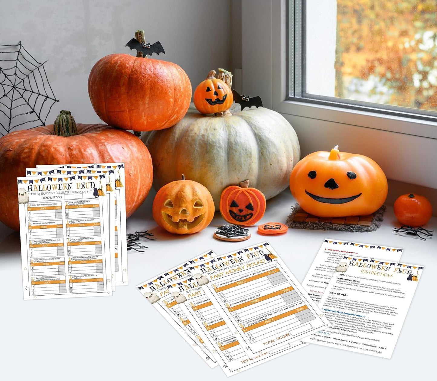 Halloween Feud Game Set, Friendly Feud Quiz, Baby Shower Game, Halloween Party Activity, Family Games for Adults (30 Halloween Feud Cards + 3 Fast Money Round Cards) Halloween Party Decorations-P001