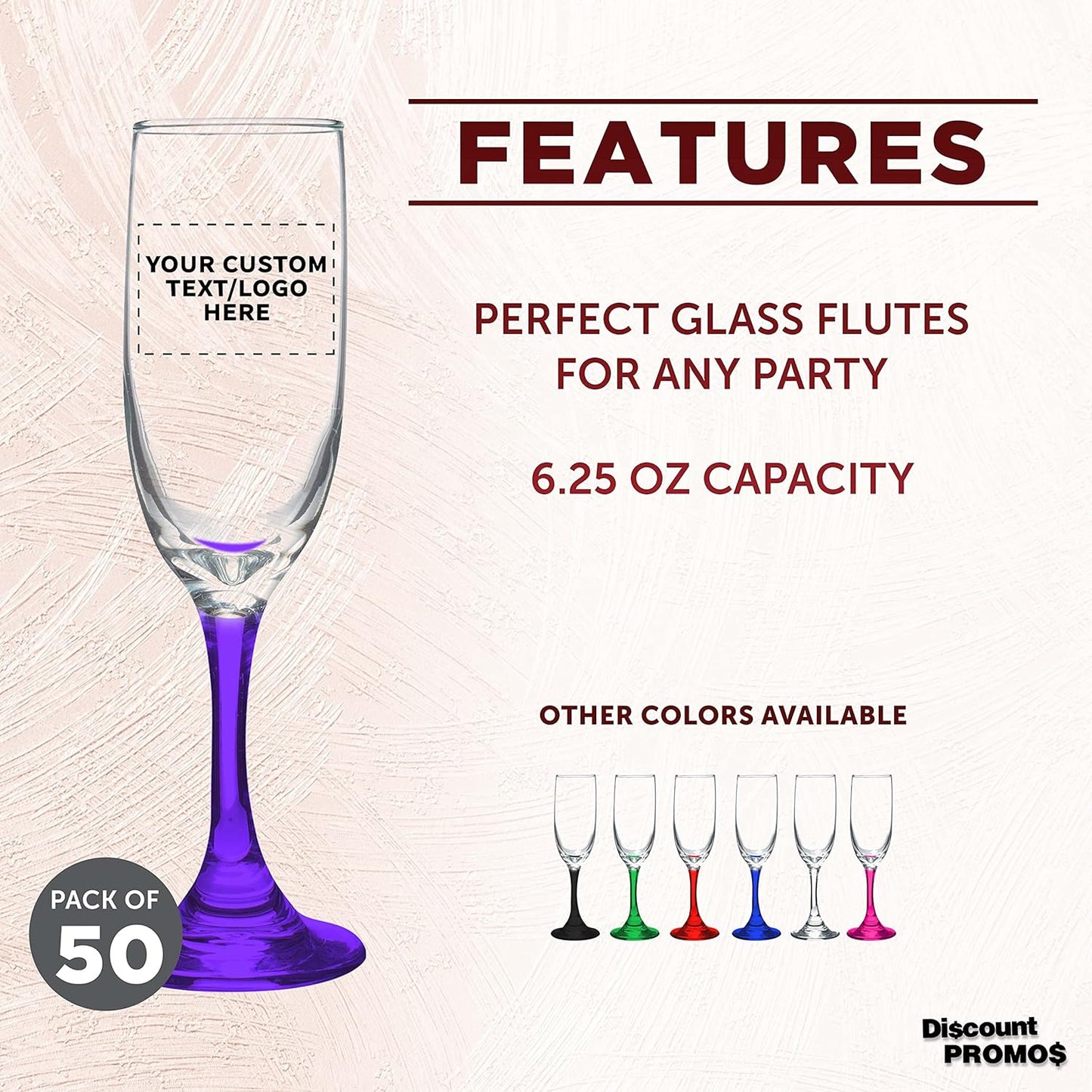 DISCOUNT PROMOS Custom Premiere Champagne Flutes 6.25 oz. Set of 50, Personalized Bulk Pack - Elegant Drinkware for Weddings, Events, & Promotional Gifts - Purple