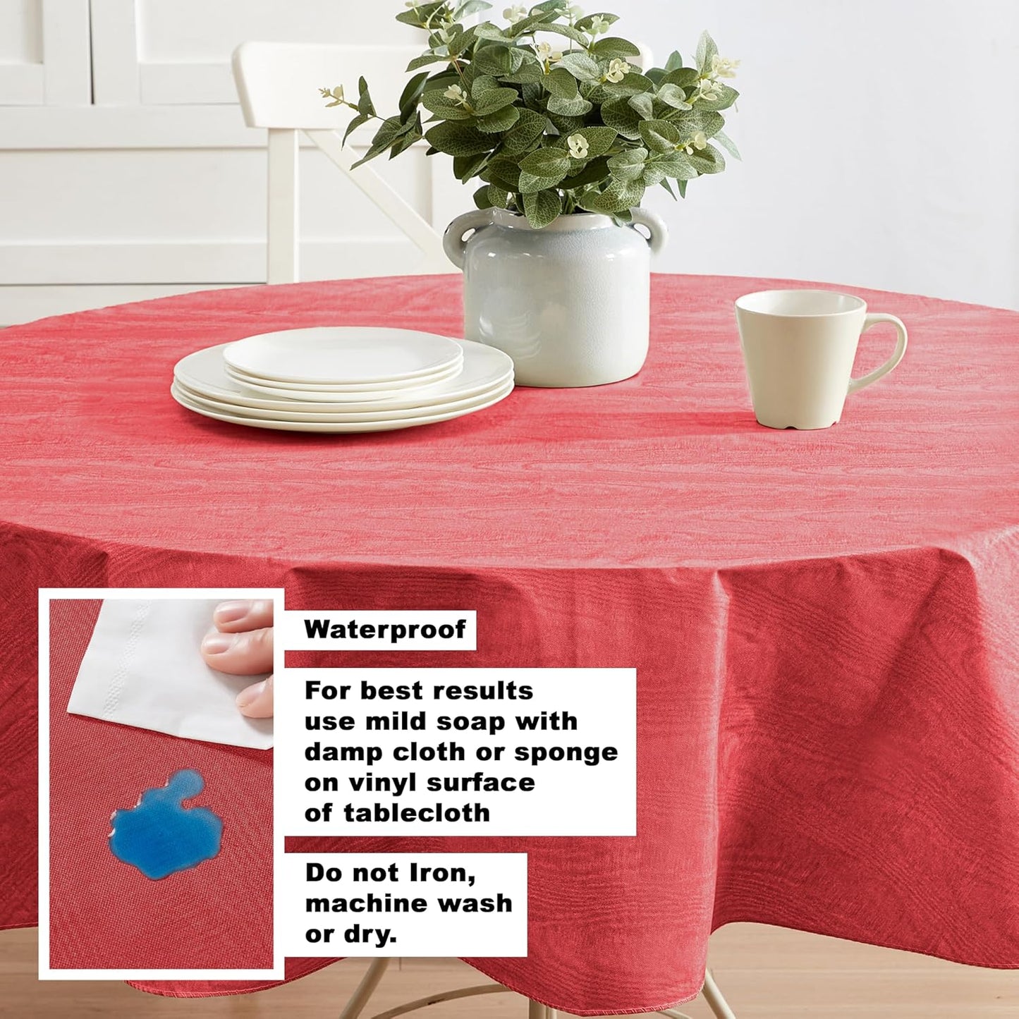 Newbridge Vinyl Flannel Backed Tablecloth, 70 inch Round, Red Moire Wavy Solid Design, Heavyweight Indoor Outdoor Waterproof Table Cover, Easy Care Wipe Clean