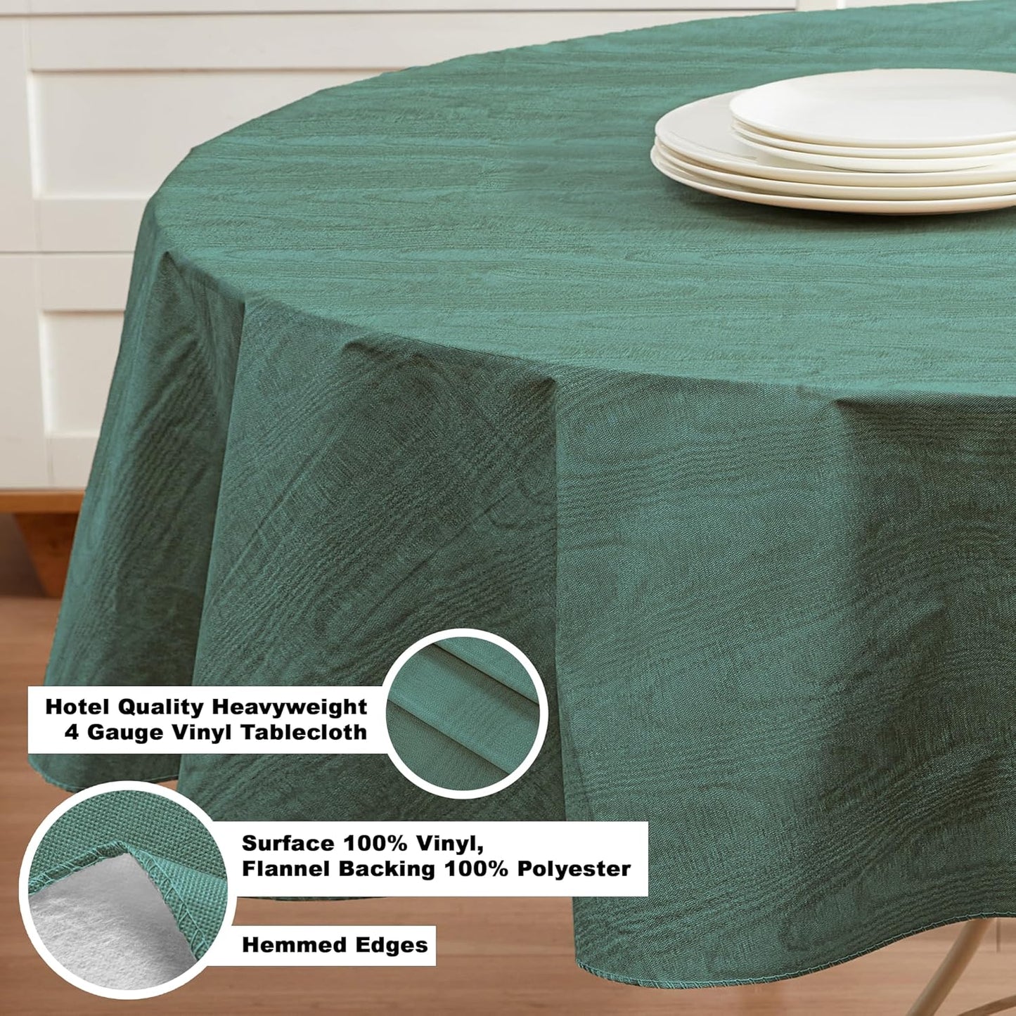 Newbridge Vinyl Flannel Backed Tablecloth, 60 x 84 Inch Oval, Hunter Green Moire Wavy Solid Design, Heavyweight Indoor Outdoor Waterproof Table Cover, Easy Care Wipe Clean