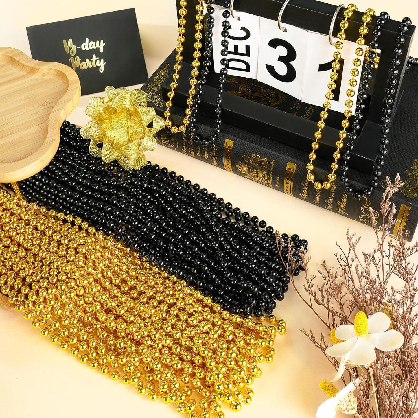 50 PCS Gold Black New Year Necklaces, 33'' New Year Eve Necklaces Round Happy New Year Necklace Accessories, 2026 New Year Party Beads for New Year's Day, Halloween, Christmas, Carnival Party Favors