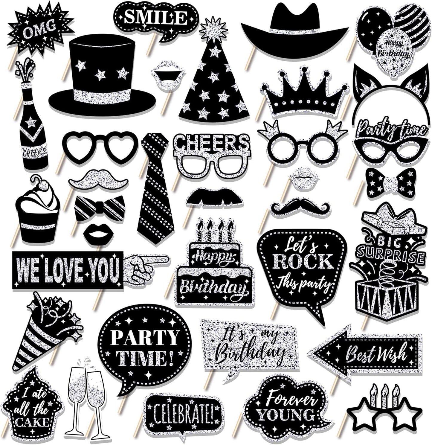 30 Pcs Silver Birthday Photo Booth Props Black Birthday Props 2026 Birthdays Decorations Backdrop Decorations Birthdays Props for Photography