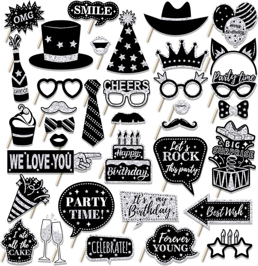 30 Pcs Silver Birthday Photo Booth Props Black Birthday Props 2026 Birthdays Decorations Backdrop Decorations Birthdays Props for Photography