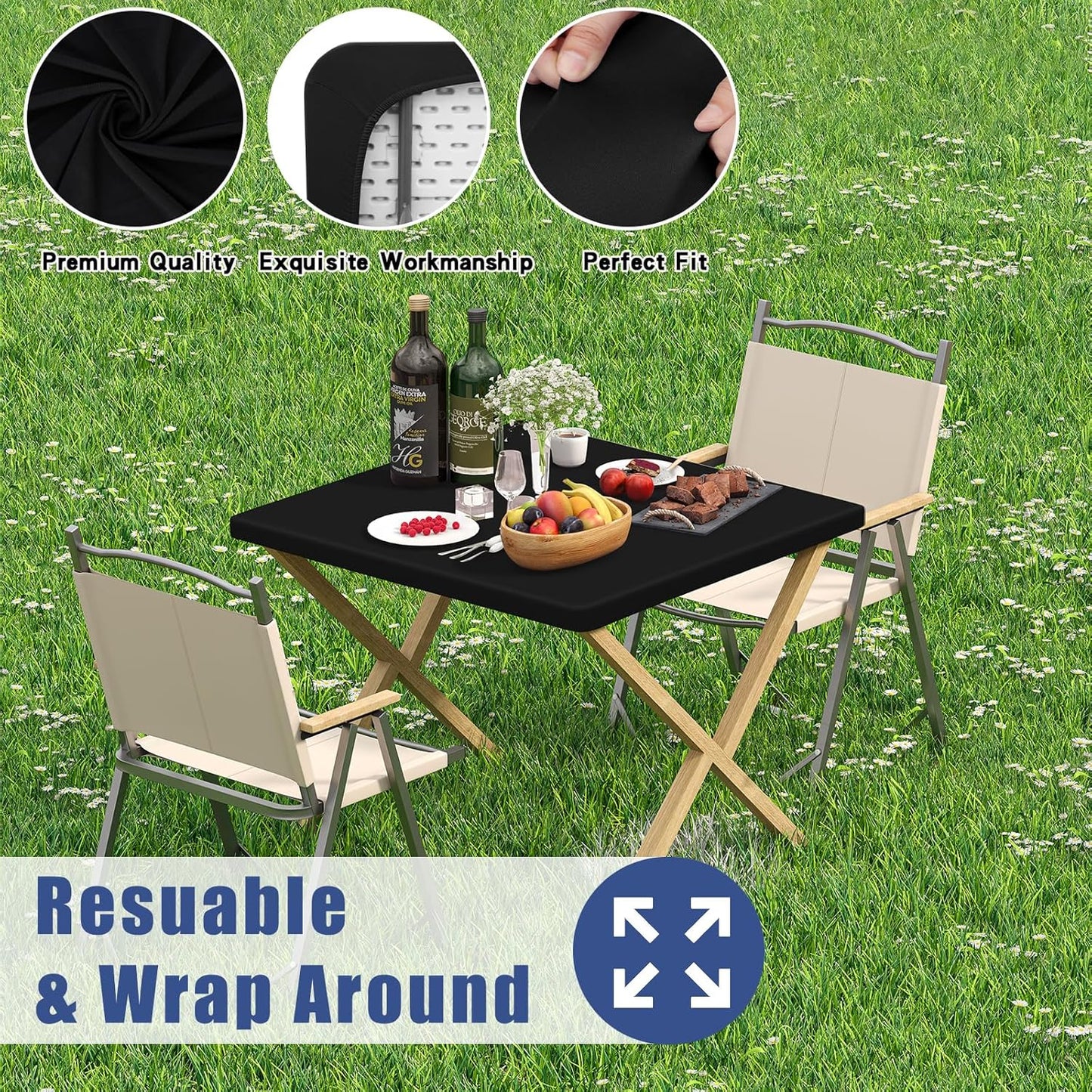 Spandex Picnic Table Cloth 2 Pack, Elastic Fitted Tablecloths for Square Tables, Stretch Washable Patio Table Cover for Outdoor, Camping, Banquet and Parties (Black, 34"x34")