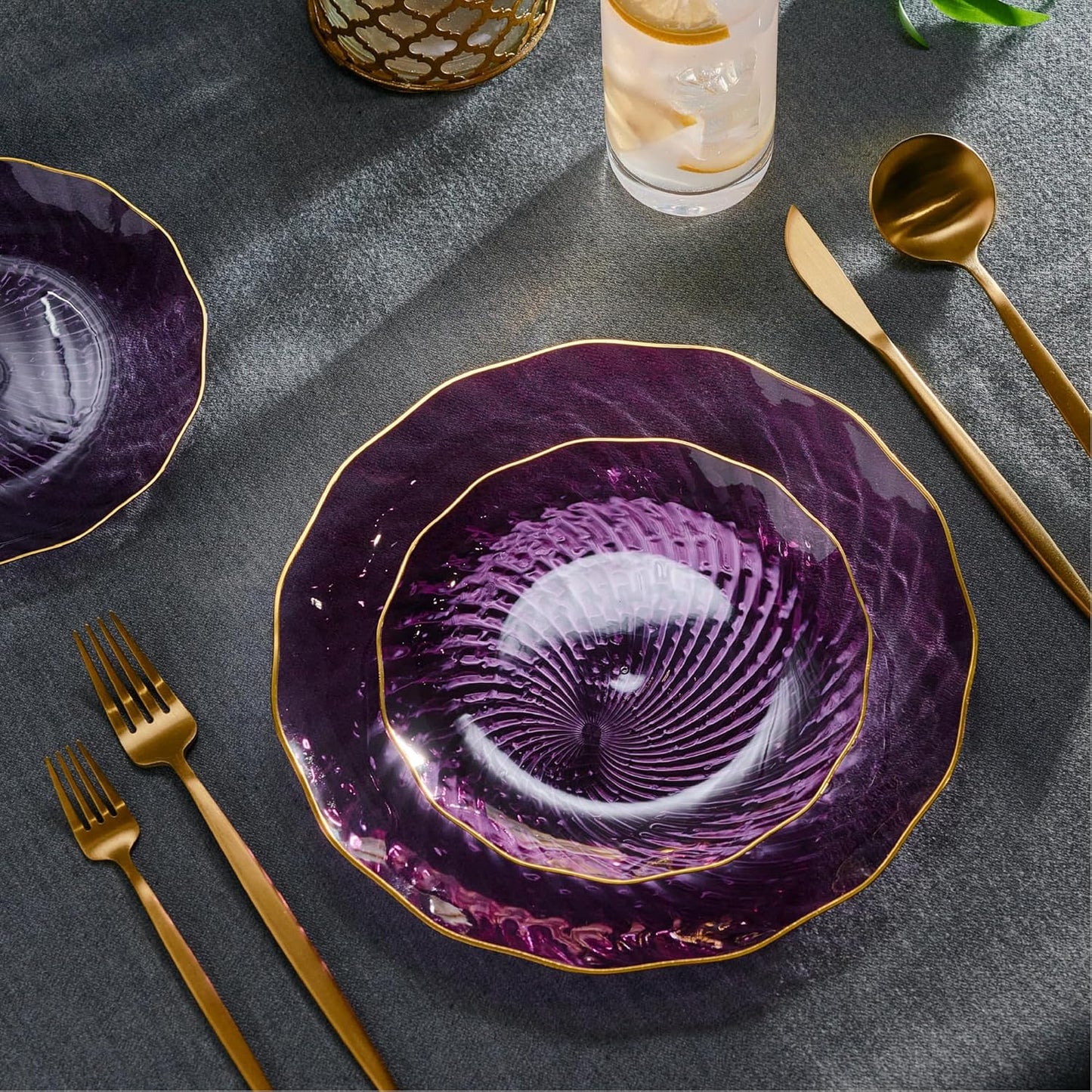 PLASTICPRO 30 Pack Plastic Set of 15-10 inch Plates and 15-7 inch Dishes Elegant Clear Purple Spiral and Gold Rim Disposable Fancy Plates Premium Heavyweight