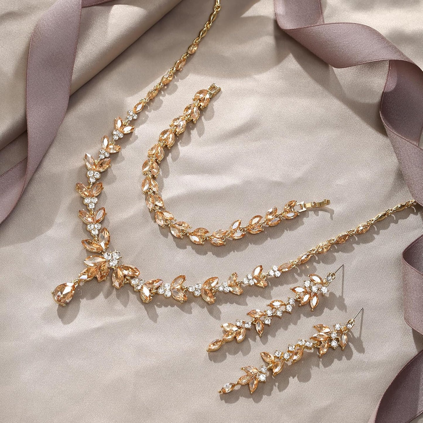 EVER FAITH Austrian Crystal Bridal Bridesmaid Jewelry Sets, Elegant Marquise Rhinestone Leaf Necklace Dangle Earrings Tennis Bracelet Set for Women