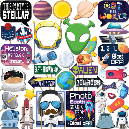 Space Photo Booth Props - 41-pc Photobooth Kit with 8 x 10-Inch Sign, 60 Adhesive Pads, 45 Sticks - Space Party Decor - Space Props - Out of This World Party Decorations