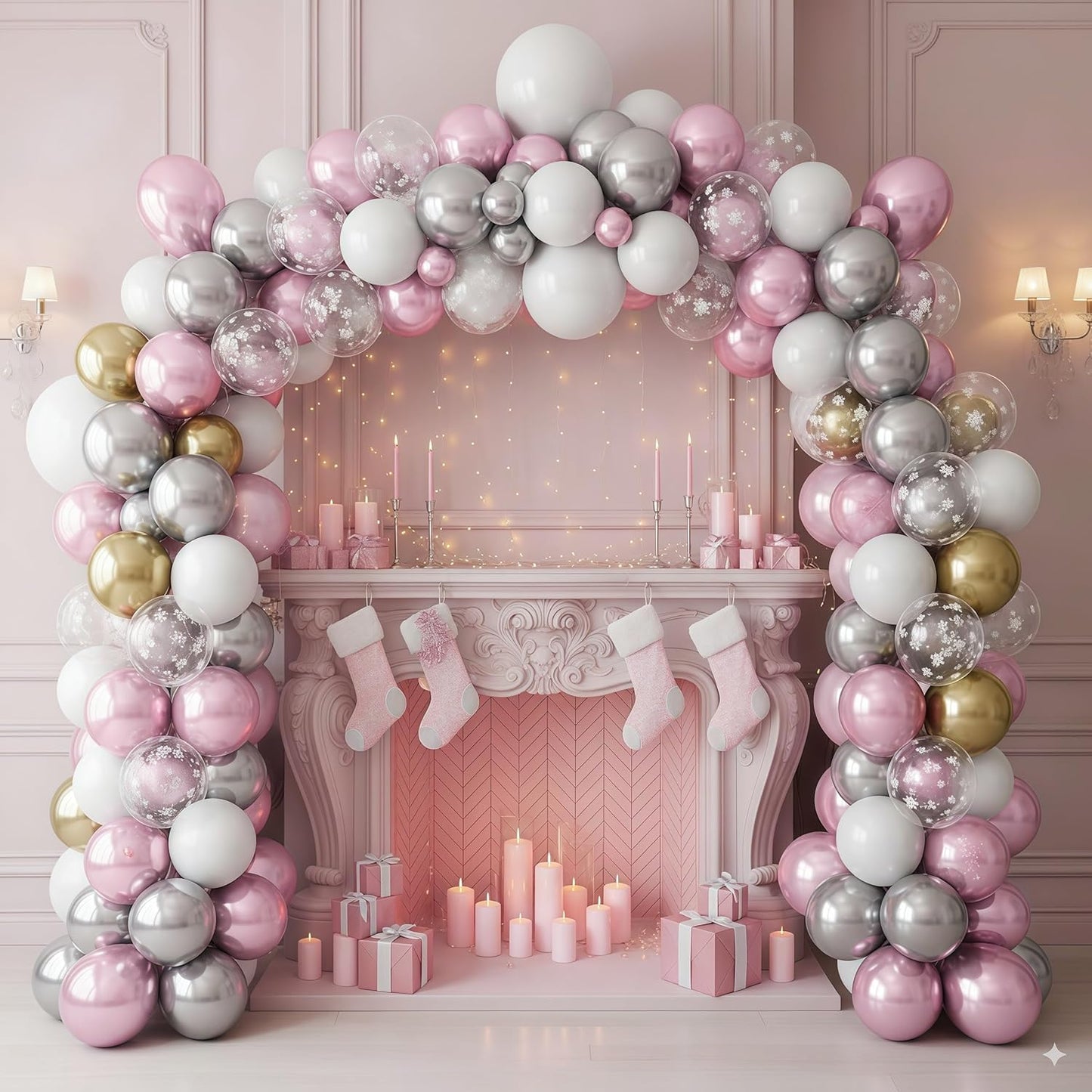 Pink White Winter Wonderland Snowflake Balloons Set, Metallic Light Pink Gold Silver White Snowflake Confetti Balloons for Girl Christmas Birthday Winter Onederland Baby Shower Xmas Party Decorations