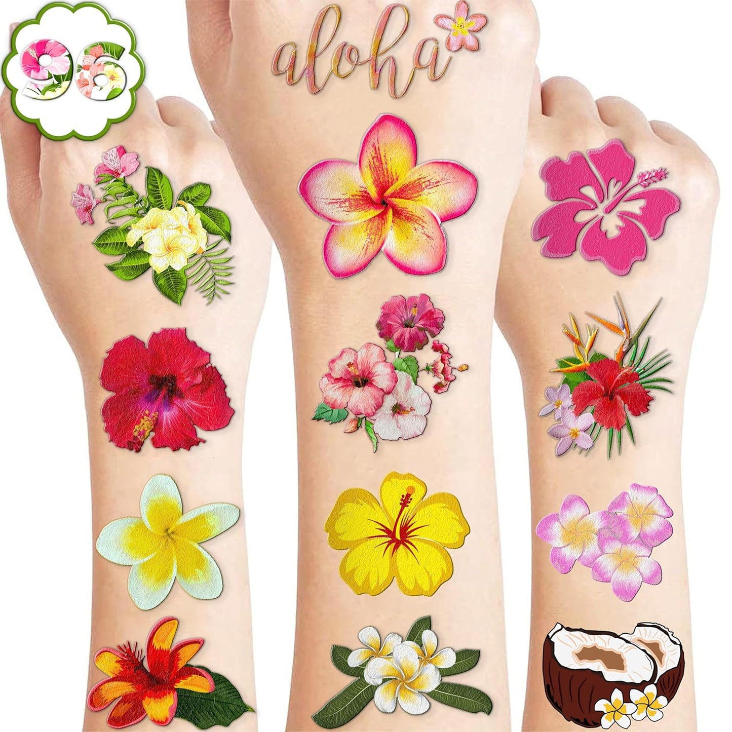96 PCS Tropical Flower Hawaiian Pre-Cut Temporary Themed Birthday Favors Supplies Décor Cute Luau Gifts For Game Boys Girls Classroom School (Normal)