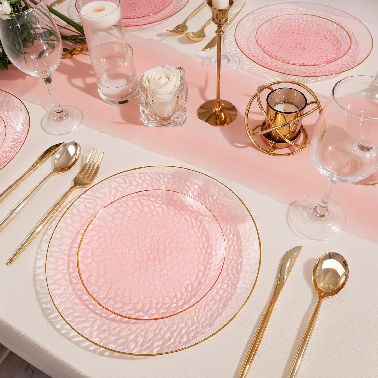 SUT 36Pcs Pink Plastic Plates, Hammered Plates Disposable Heavy Duty, Pink Disposable Plates With Gold Rim, Fancy Plastic plates Include 18 Dinner and 18 Dessert plates for Wedding