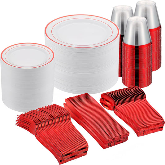 300 PCS Red Dinnerware Set for 50 Guests,Red Rimmed Heavy Duty Plastic Disposable Plates for Party Wedding-50 Dinner Plates,Dessert Plates,Spoons,Forks,Knives,Cups