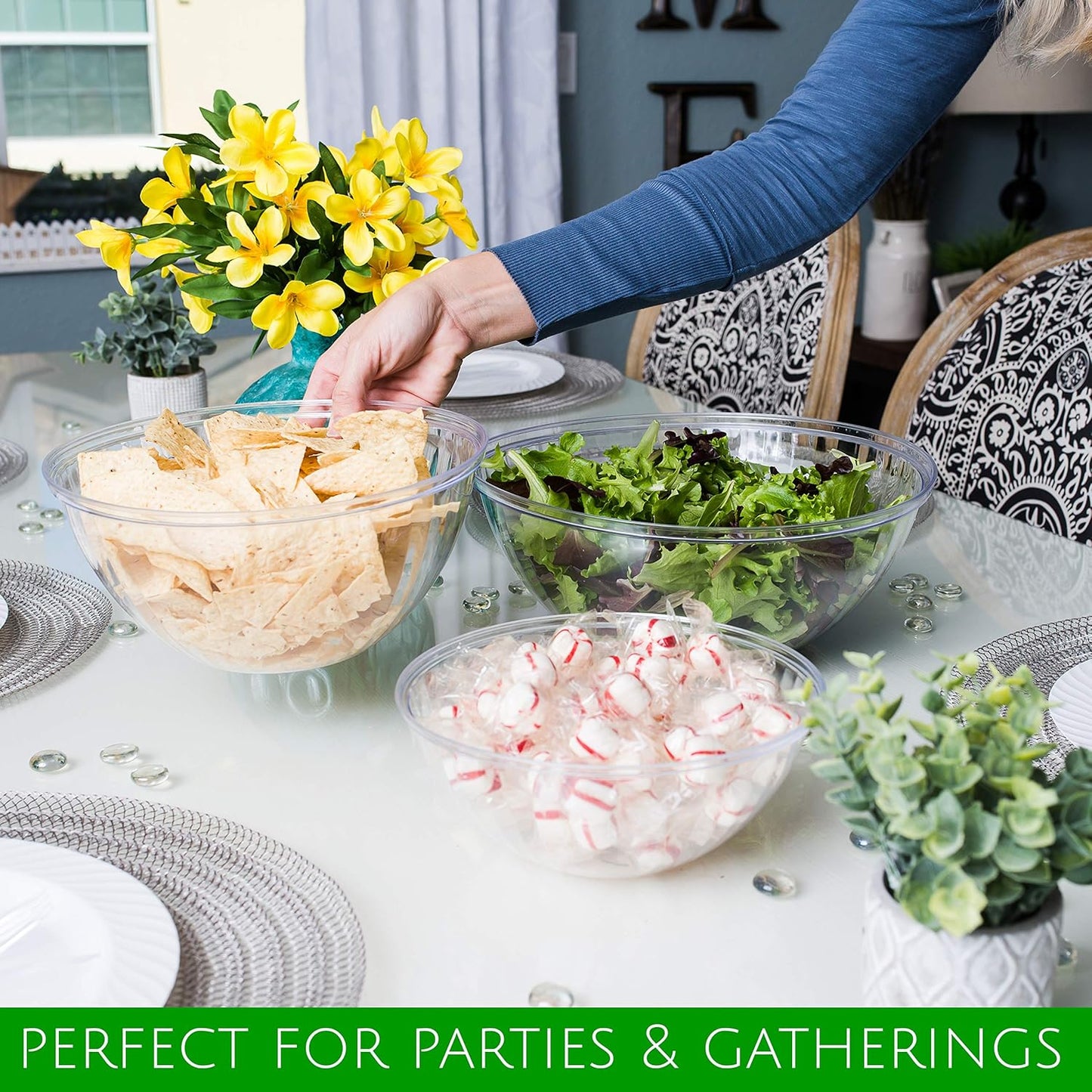 PLASTICPRO Disposable 48 Ounce Round Crystal Clear Plastic Serving Bowls, Party Snack or Salad Bowl, Chip Bowls, Snack Bowls, Candy Dish, Salad Container Pack of 8