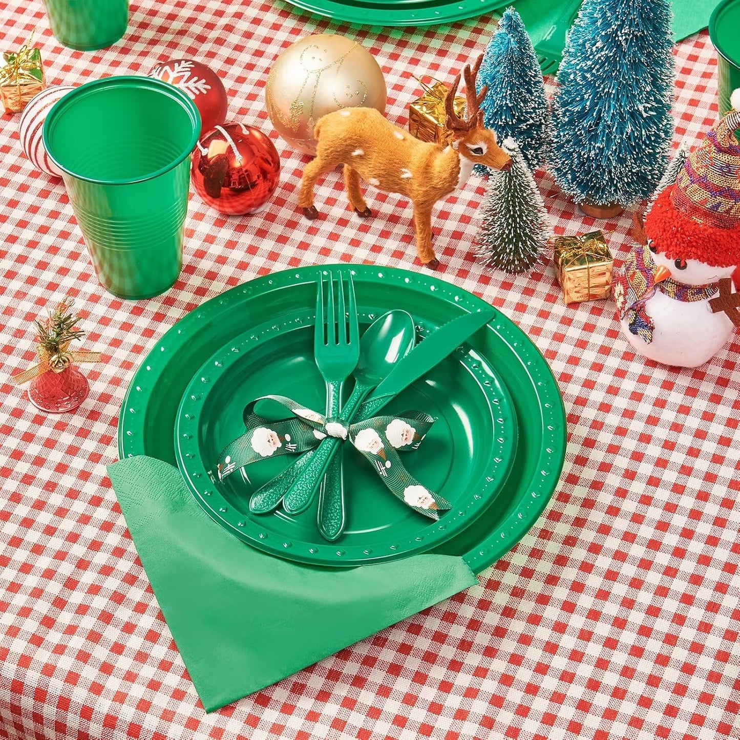 FULING 175 PCS Green Party Supplies Disposable Dinnerware Set Plastic Plates and Paper Napkins Cups Silverware Serve 25 Sets for Birthday Bridal Shower Wedding Engagement Christmas Parties