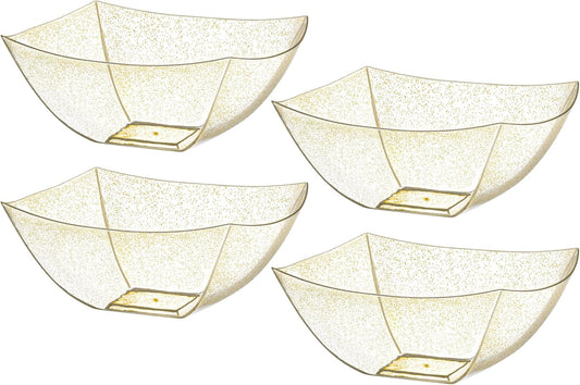 Posh Setting - Gold Glitter Plastic Serving Bowls for Party (16oz - 4 Pack) Square, Disposable, Candy Containers for Candy Buffet