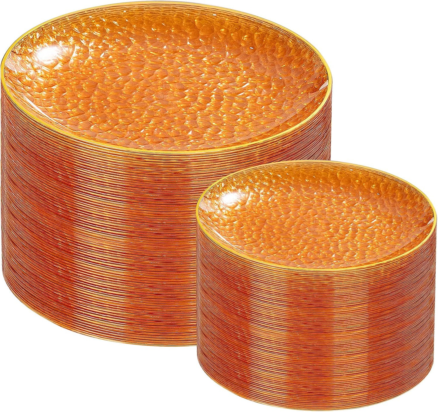 Rubtlamp 100Pcs Orange Plastic Plates, Orange Disposable Plates With Gold Rim, Hammered Plastic Plates Include 50 Dessert Platos, 50 Dinner Platos for Party