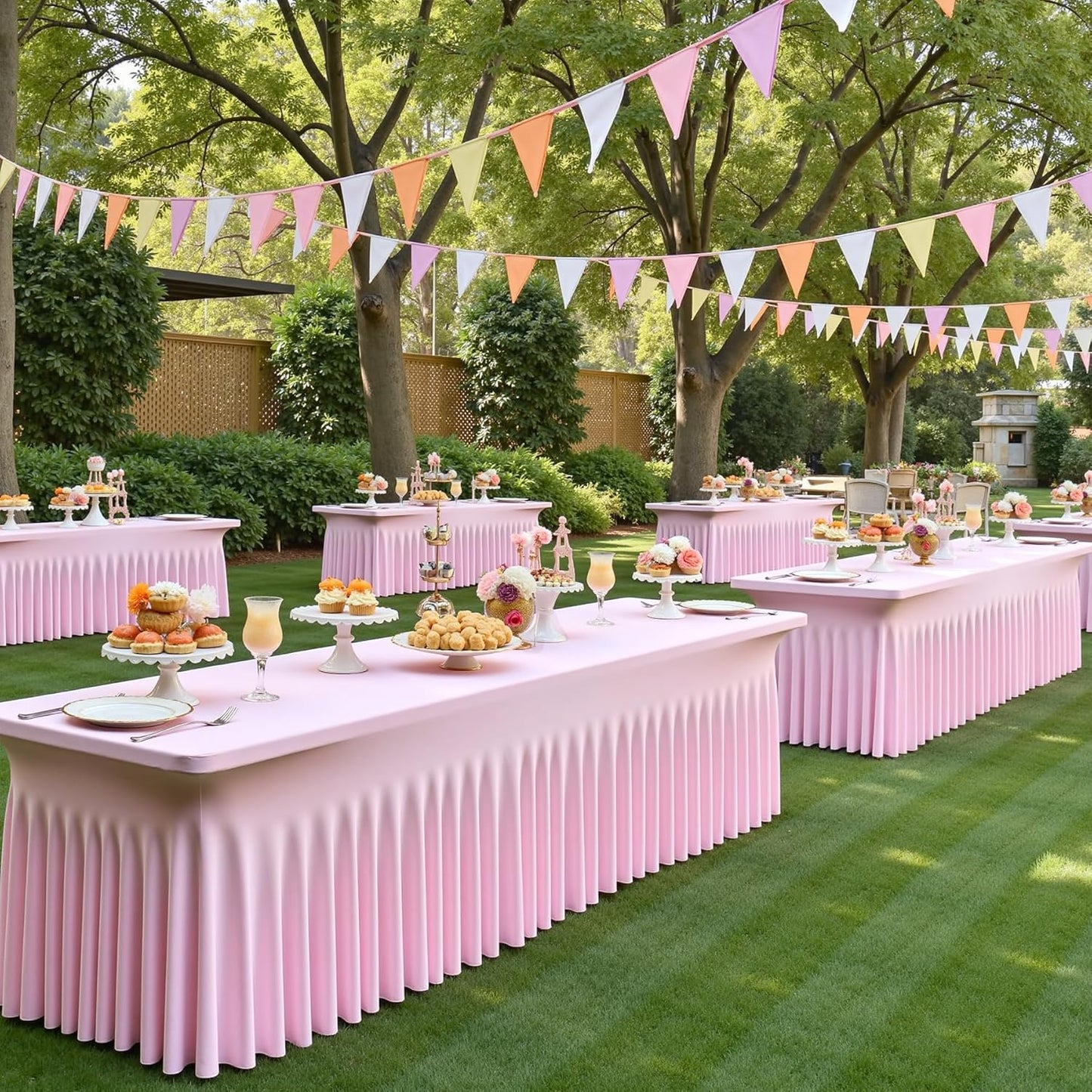 NSSONBEN 6 pk Baby Pink Spandex Tablecloth 6ft with Ruffle Table Skirt, Wrinkle Free Stretchy Fitted Tablecloths for 6 Foot Rectangle Tables, Elastic Spandex Table Covers for Weddings Parties Banquet