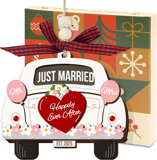 First Christmas Married Ornament 2025, Wedding Gifts for Couples - Mr and Mrs Wooden Christmas Ornaments - Bridal Shower Gifts for Bride Newlywed Her Wife, Just Married, Xmas Tree Decorations