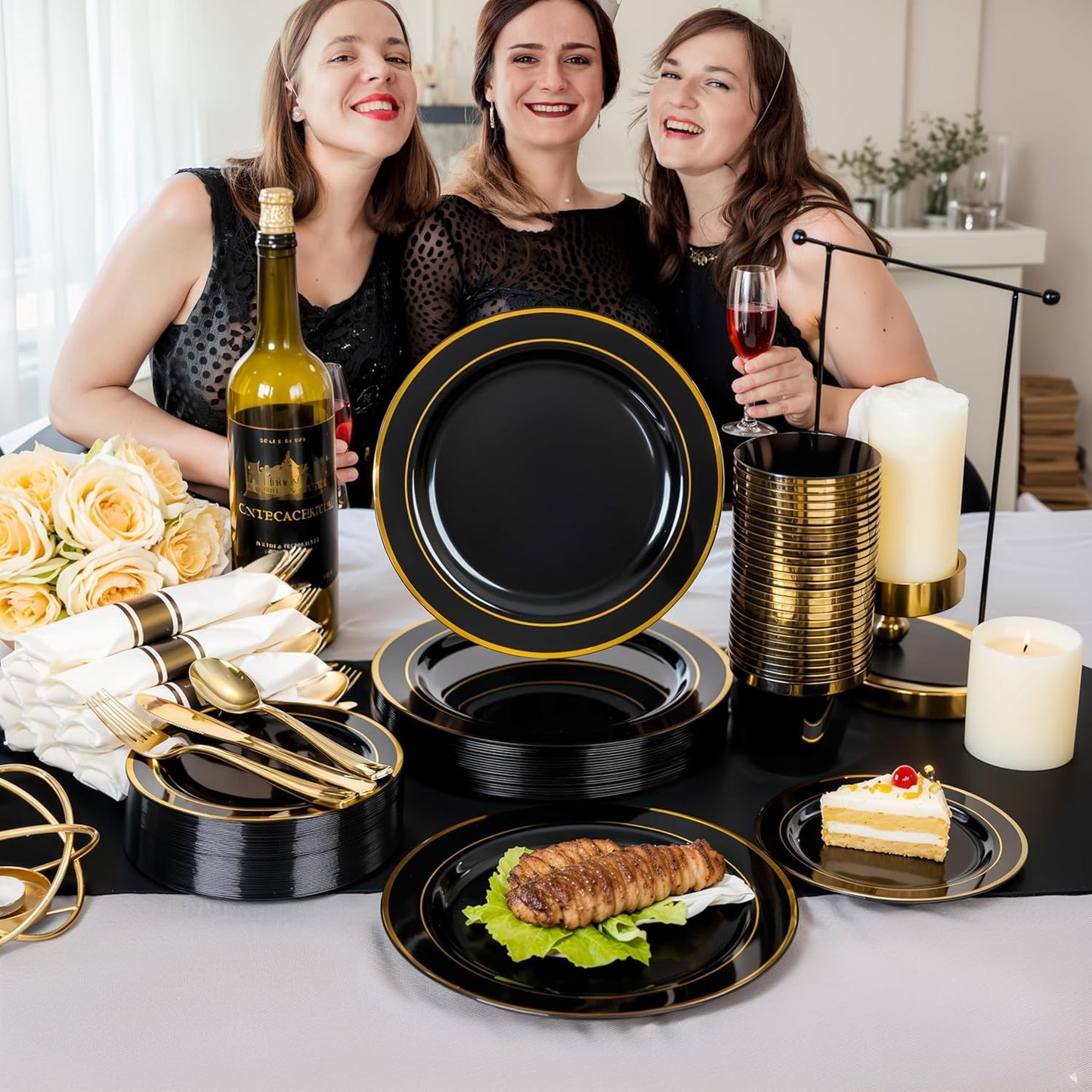 350 Pieces Black and Gold Plastic Plates with Disposable Silverware, Include 50 Dinner Plates 9”, 50 Dessert Plates 6.3”, 50 Black Cups 9 OZ, 50 Pre Rolled Napkins for New Year
