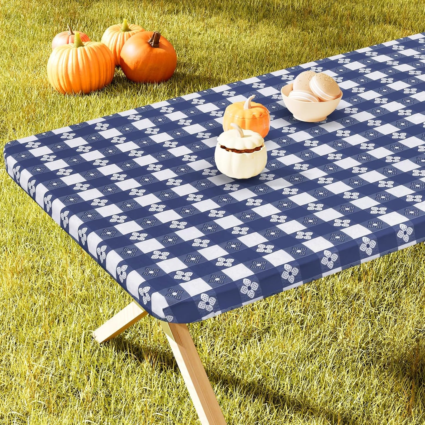 Rectangle Vinyl Table Cloth, Waterproof Elastic Fitted Tablecloth with Flannel Backing, Plastic Table Cover for Picnic, Camping, Outdoor (White & Navy, 24"x48")