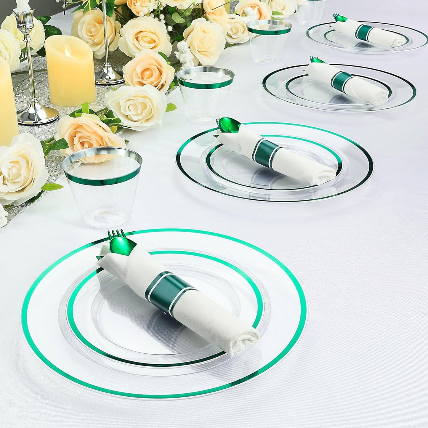 Goodluck 50 Set Green Pre Rolled Plastic Cutlery Set, Wrapped Silverware Set with 50 Forks, 50 Knives, 50 Spoons and 50 Napkins, Perfect for Party, Christmas, St.Patrick