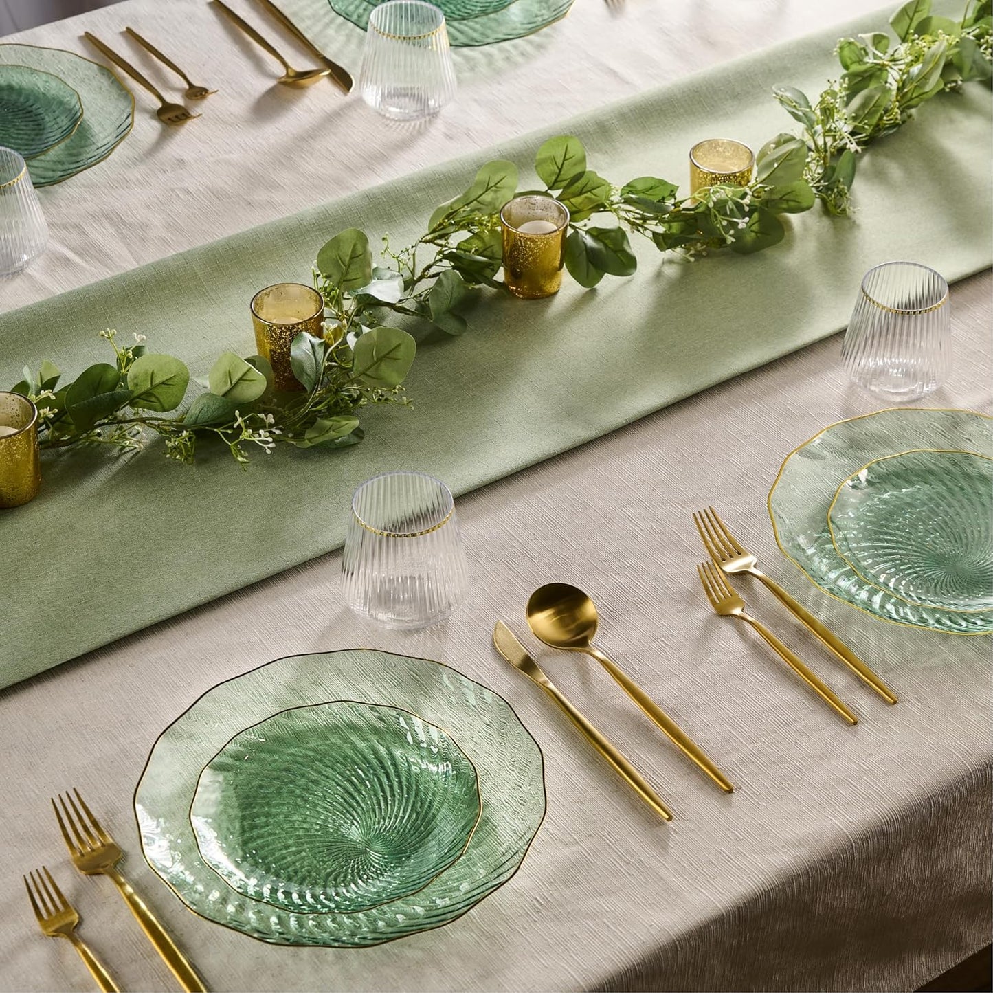 PLASTICPRO 30 Pack Plastic Plates Set of 15-10 inch Plates and 15-7 inch Plates, Elegant Clear Green Spiral and Gold Rim Disposable Fancy Plates Premium Heavyweight